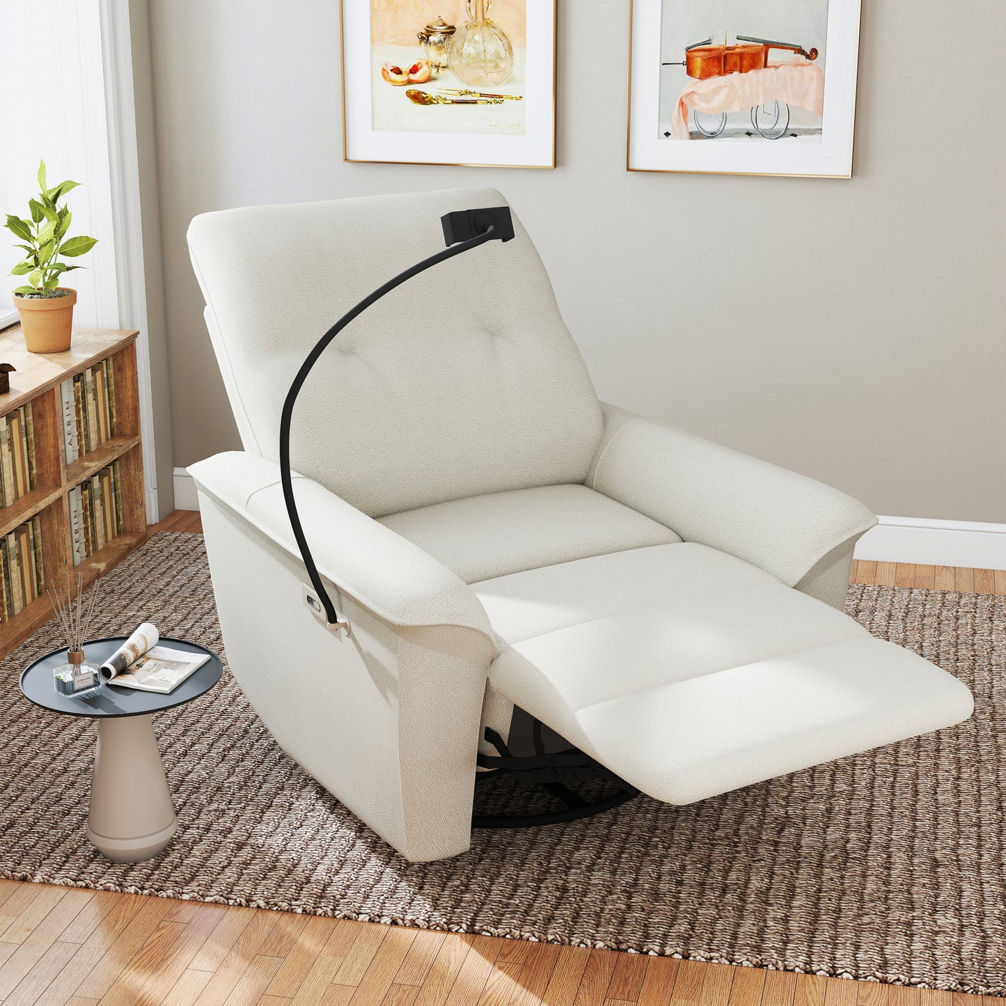 270° Power Swivel Rocker Recliner Chair w/ Phone Holder, Electric Glider Reclining Sofa with USB Ports, Power Swivel Glider, Rocking Chair Nursery Recliners for Living Room Bedroom(Beige-gray) W1028S00058