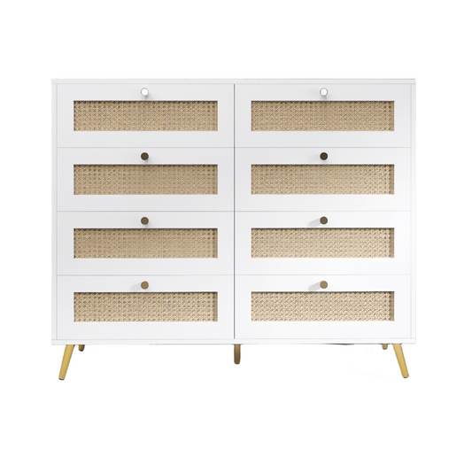 White Color 8 Drawers Chest of Drawers with Rattan Drawer Face Golden Legs and Handles W2139142764
