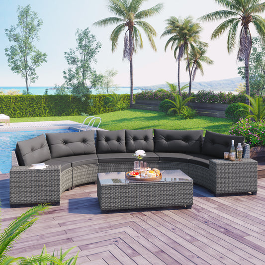 GO 8-pieces Outdoor Wicker Round Sofa Set, Half-Moon Sectional Sets All Weather, Curved Sofa Set With Rectangular Coffee Table, PE Rattan Water-resistant and UV Protected, Movable Cushion, Gray  FG201215AAE