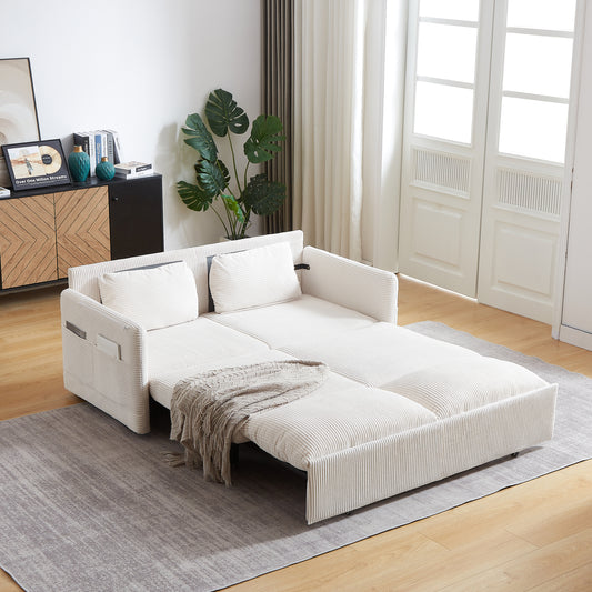 MH'' 64.5 Inch Sleeper Sofa Bed  3-in-1 Adjustable Sleeper with Pullout Bed   2 Pillows and Side Pockets  Soft Corduroy Convertible Sleeper Sofa Bed for Living Room Bedroom Apartment Office W1193S00124