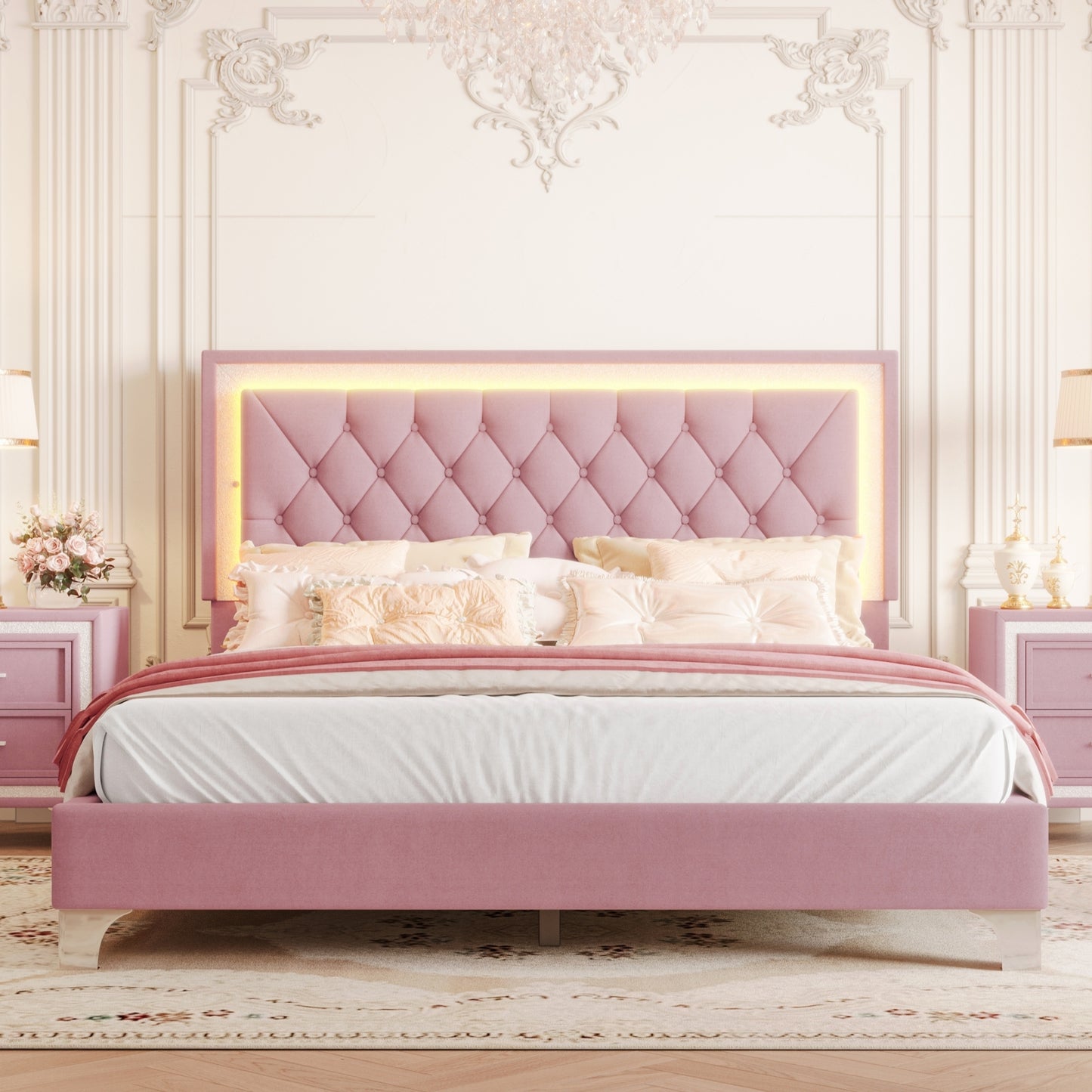 Queen Size Upholstered Bed Frame with LED Lights,Modern Velvet Platform Bed with Tufted Headboard,Pink  N733P183657H