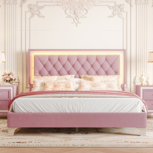 Queen Size Upholstered Bed Frame with LED Lights,Modern Velvet Platform Bed with Tufted Headboard,Pink  N733P183657H