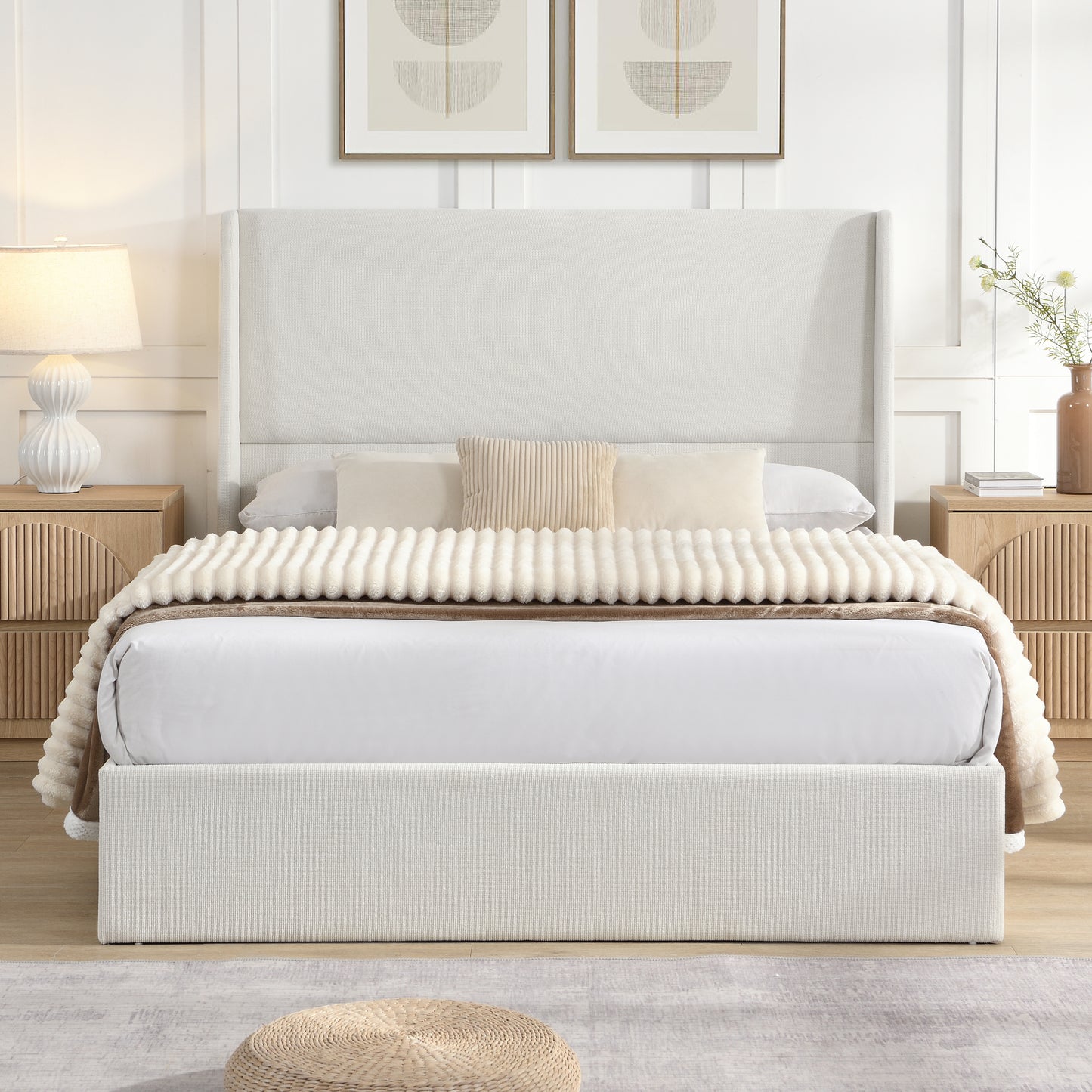 High Headboard Upholstered Bed, Floor Standing Bed Frame,Queen Size Bed Frame, 12-Slat Support, Easy to Assemble, Beige, Chenille Cloth, No Box Spring Needed  W1716P405823