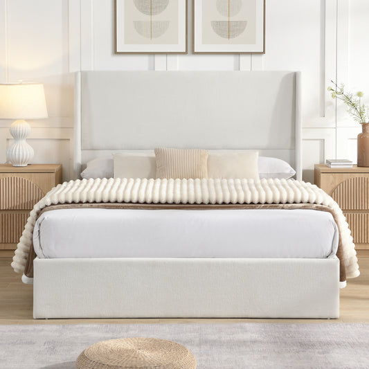 High Headboard Upholstered Bed, Floor Standing Bed Frame,Queen Size Bed Frame, 12-Slat Support, Easy to Assemble, Beige, Chenille Cloth, No Box Spring Needed  W1716P405823