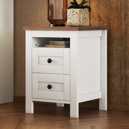 2-Drawer Farmhouse Wooden Nightstand with Well-proportioned Design and Sleek Lines, Wood Side Table with Storage Cabinet for Bedroom, White+Brown  WF317945AAK