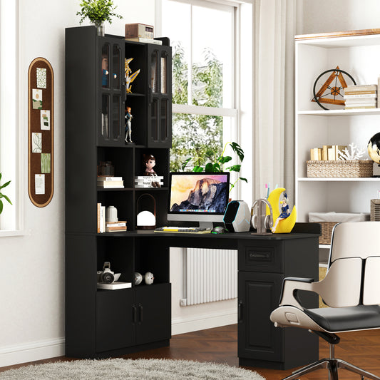 L-Shaped Corner Computer Desk  for Home Office or Study desk, Study Modern Style Table with Drawers, Bookshelf & Hutch, 2-in-1 L-Shaped Design, Large Working Space,black W331S00170
