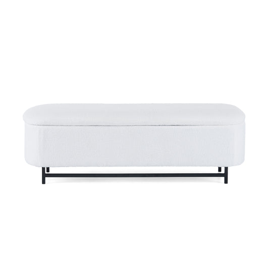 Modern Elegant Ottoman with Spacious Storage Function in White Polyester with Black Metal Feet N769P227981W