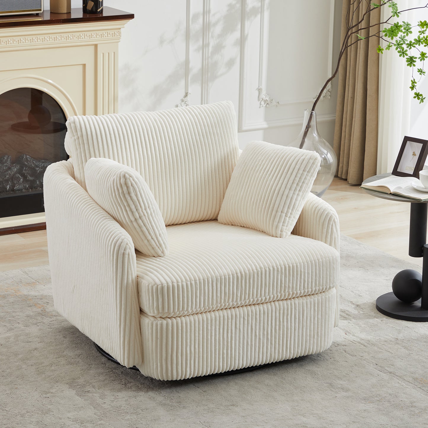 40.55''W Swivel Accent Chair With 2 Thorw Pillows 360 Degree Swivel Round Sofa Modern Oversized Arm Chair Cozy Club Chair for Bedroom Living Room Lounge Hotel, Ivory Corduroy  W1298P202213
