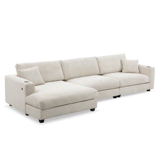 Oversized Corduroy Sectional Sofa with USB Charging Port & Cup Holder, Deep Seat, L Shaped Cloud Couch, 134*54”, 3 Colors  N723S0200A