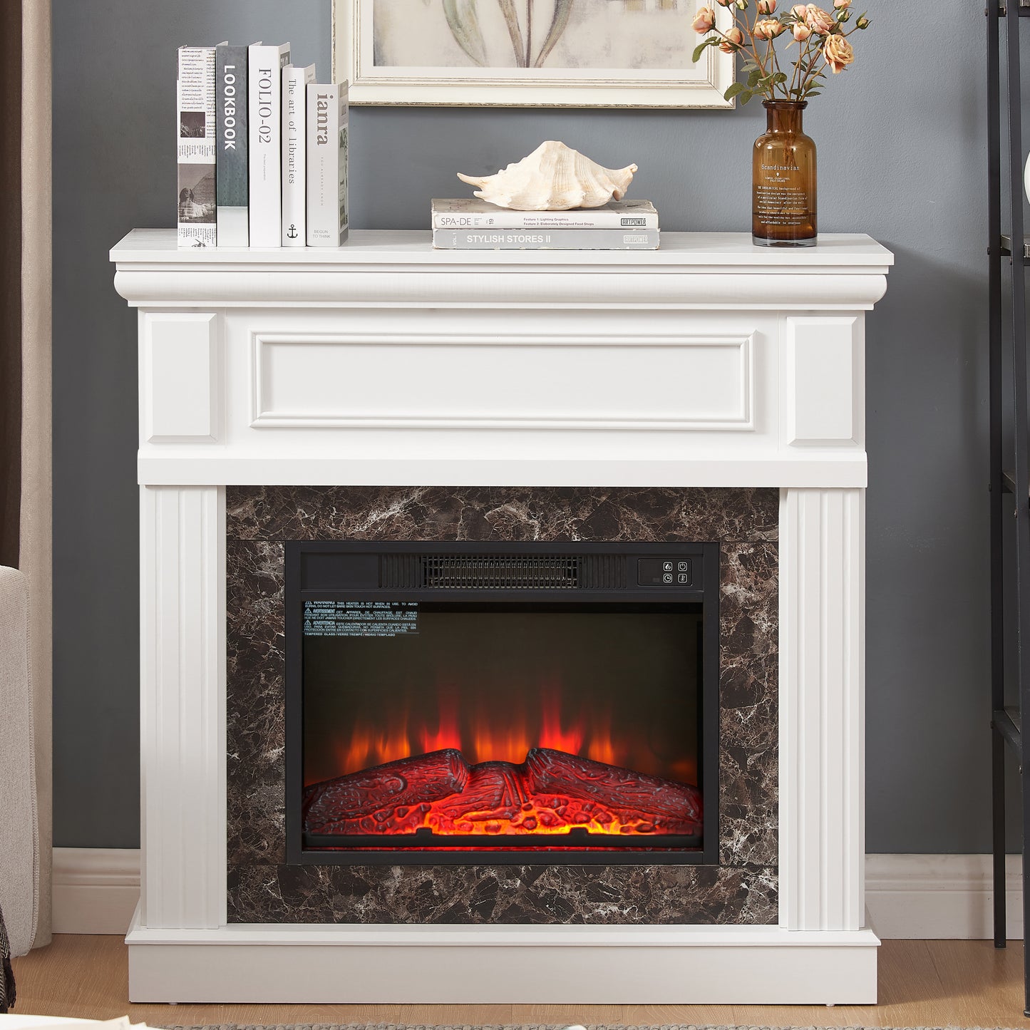 Electric Fireplace with Mantel,fireplace mantel surround with 23' Fireplace Insert, Adjustable Flame, Remote Control-White,41.34'W*14'D*40'H  W1758S00031