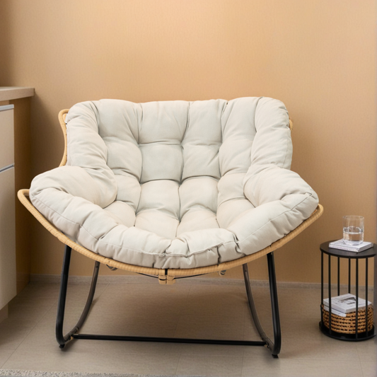 Larger Outdoor Rocking Chair, Patio Egg Rocking Chair, Indoor Papasan Chair, Rattan Wicker Lounge Chair, Modern Royal Chair for Bedroom, Living Room, Porch, Garden,Lawn-Beige W2887P335742