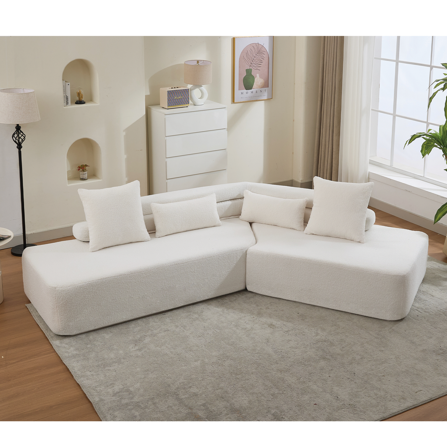[NEW ARRIVED] [VIDEO PROVIDED] 128'Minimalist Cloud Sectional Couch ,Modern Couches ,4-Seater ,No Assembly,Two modular sofa,Boucle Teddy  Fabric, upholstered , anti-wrinkle fabric, Beige  W2108S00095