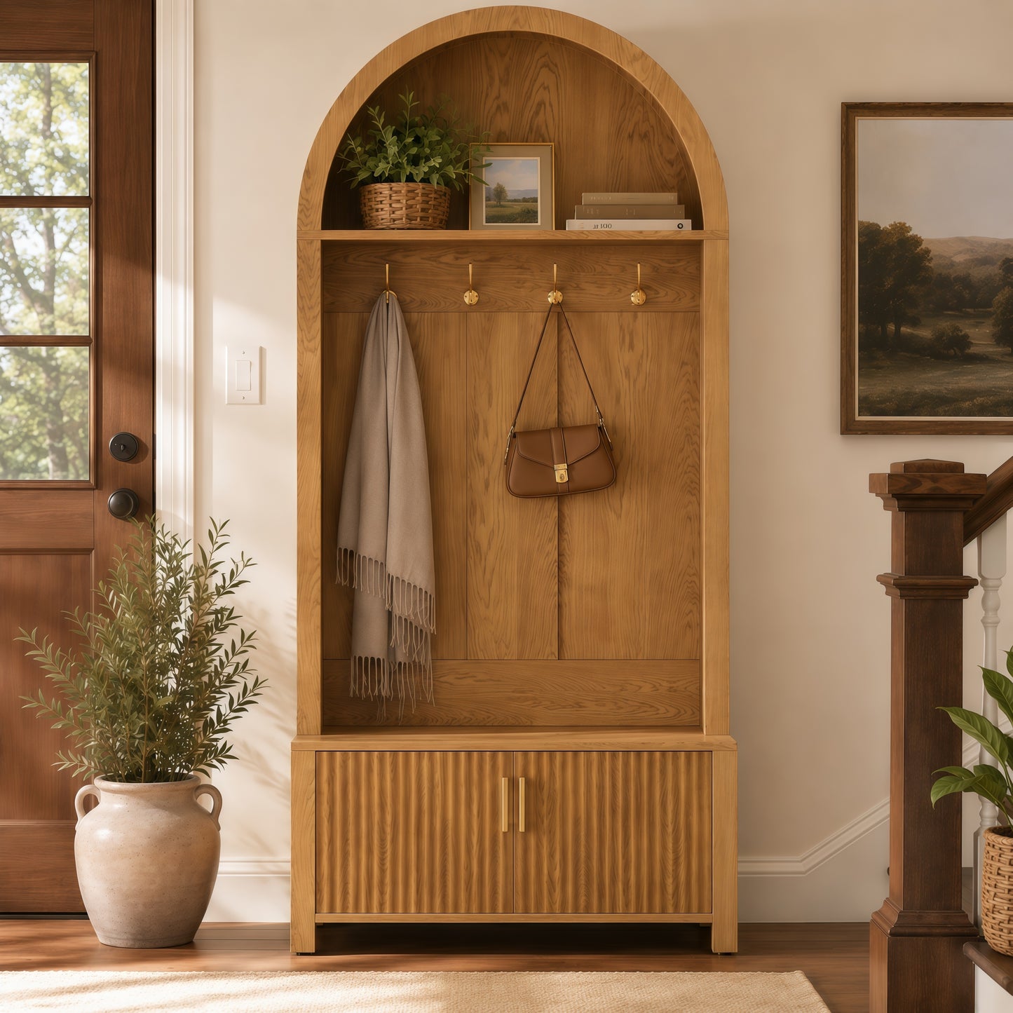 Arched Top Hall Tree with Bench and Shoe Storage,mudroom bench with storage,70.3'Arch Coat Rack with 4 Metal Hooks and 2 Fluted Doors,Farmhouse Style Furniture Organizer for Mudroom, Entryway, Hallway  W5271P499179