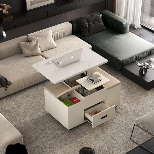 Modern Lift-Up Coffee Table with 4 Stools Set for Living Room Expandable 1 Hidden Storage + 2 Drawers Space Saving Folding Dining Table  W1321S00014