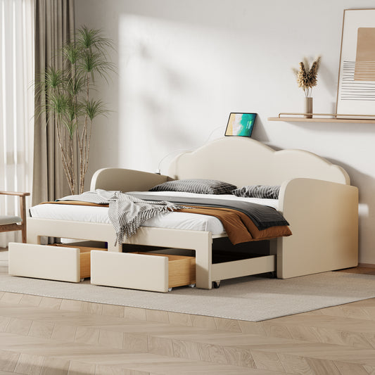 Twin Size Upholstered daybed with Cloud-Shaped Backrest, Trundle & 2 Drawers and USB Ports, Beige  SF000070AAA