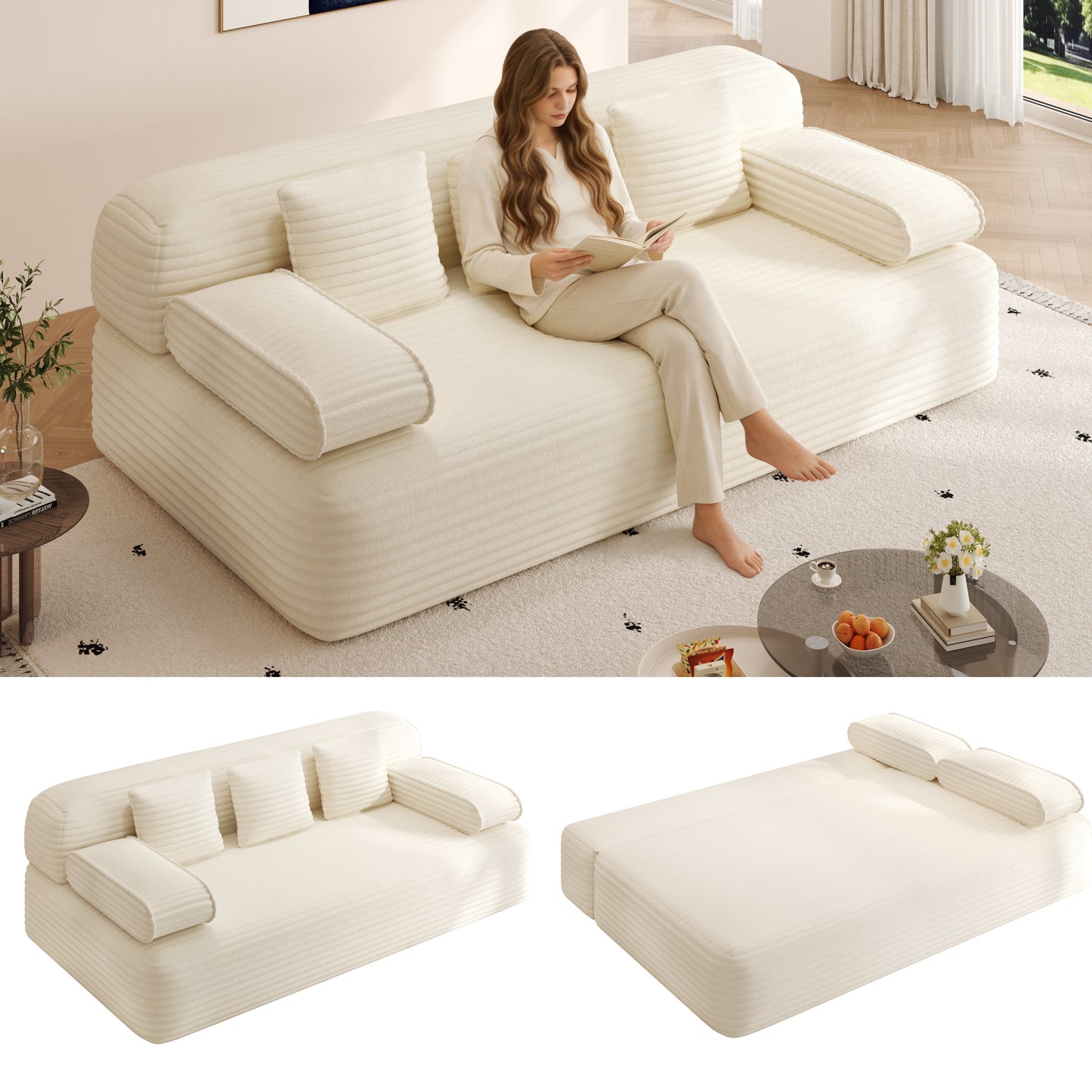 78.7' Frameless Sofa,2-in-1 Convertible Sofa Bed with 3 Pillows – Plush Corduroy Fabric, Multi-Functional 3-Seater Couch for Small Spaces, Apartments and Bedrooms,Beige  W3219P427161