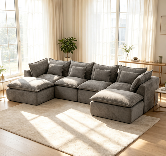 129.8' Width Cloud Couch Oversized Modular Sectional Sofa True Relax Comfy Couches Wide Deep Seat Sofas for Living Room Furniture Sets, Waffle Fabric ,4Seat with 2Ottoman  W2530S00029