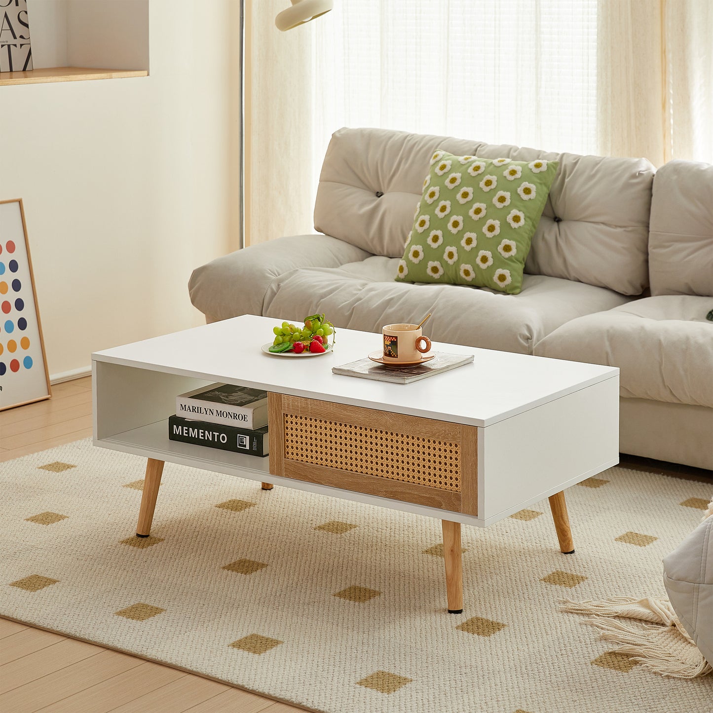 41.34' Rattan Coffee table, sliding door for storage, solid wood legs, Modern table  for living room ,White  W1265107718
