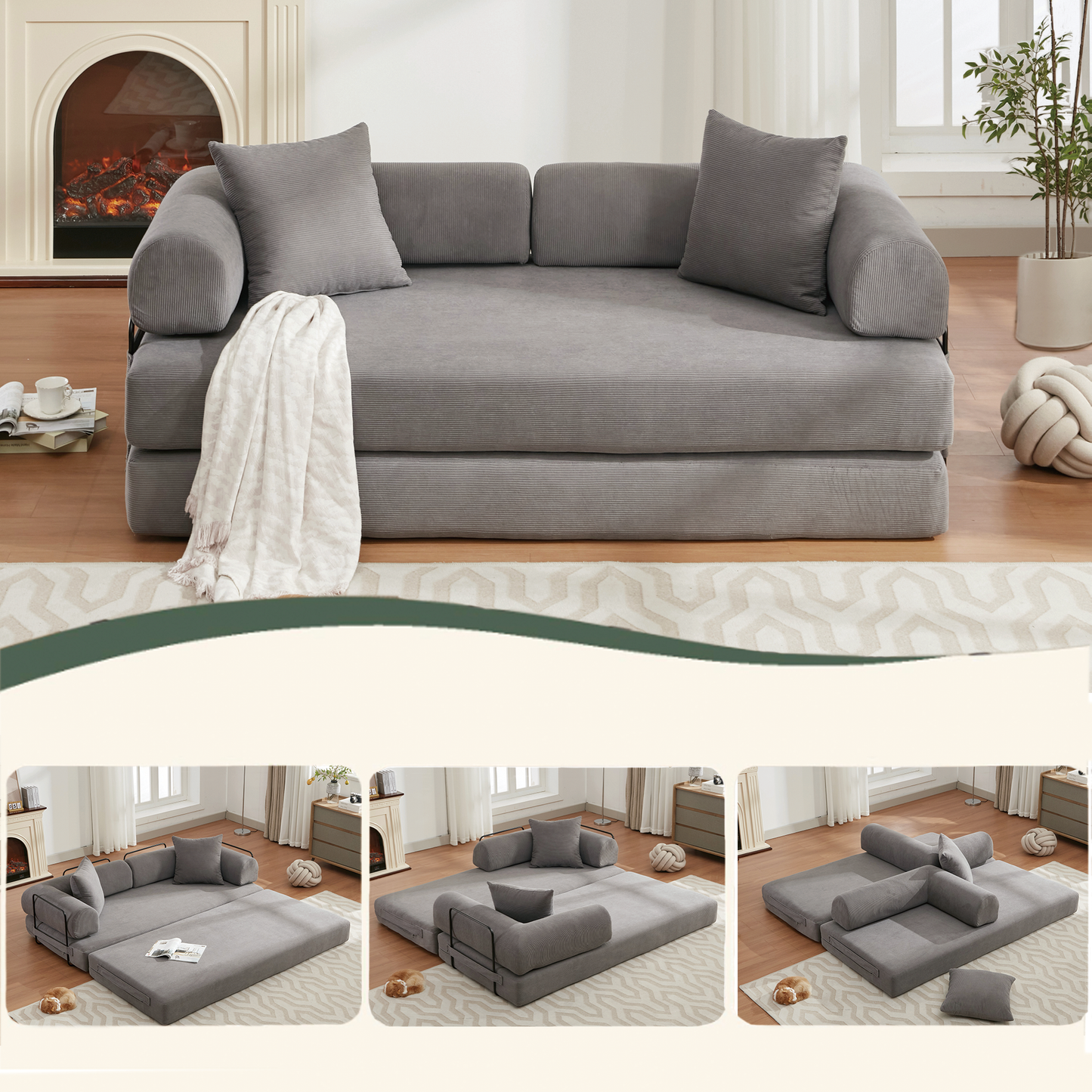 [NEW ARRIVED] [VIDEO PROVIDED] 78.5' Folding Convertible Out Sleeper Sofa Bed,4-in-1 DIY Combination Convertible Sofa,3 seat, Folding  Sofa, King Size , Bedroom,Apartment,Corduroy,Green,Gray   W1628P216721