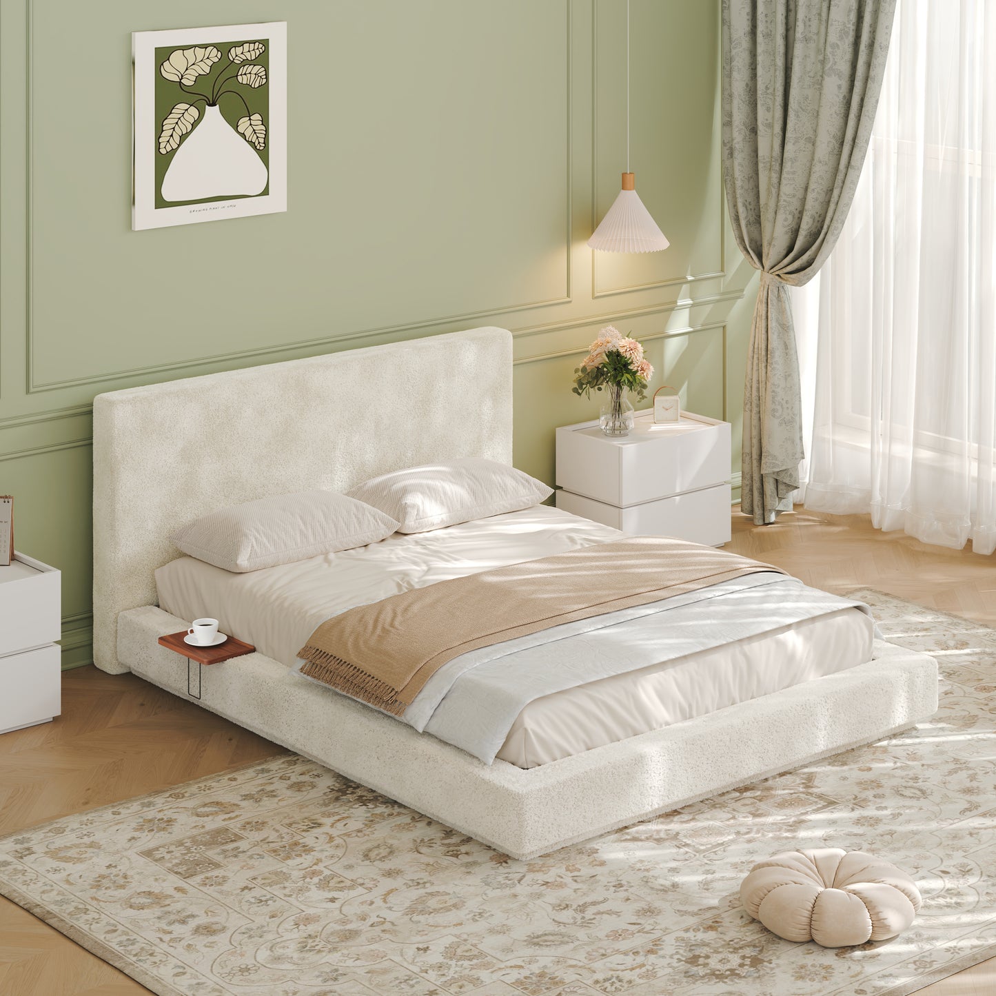 AirFrame Queen Bed Frame with Adjustable Sliding Side Table Visual Floating Effect, 8.7'' Cloud Upholstered Sponge Cushion, Easy Assembly (Off-White).  W1820P465974