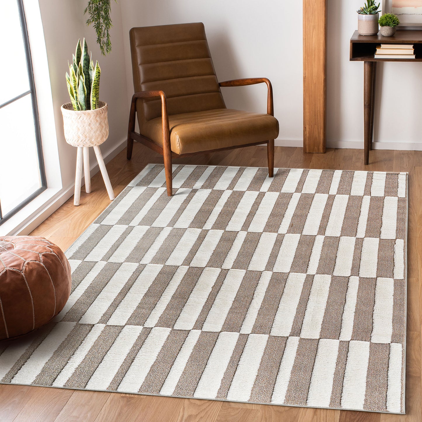 Step Collection High-Low Striped Beige/Cream Indoor Area Rug, 5'3''x7'6'', Modern, Contemporary, Geometric, Bohemian, Bedroom, Kitchen, Living Room, Non Shedding Carpet  B189P448787
