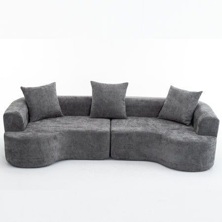 Modern Style Gray Curved Sofa, Soft Cushioned Corduroy Sofa with 3 Pillows, Living Room Cream White Super Smooth Curved Fabric Sofa W2012S00007