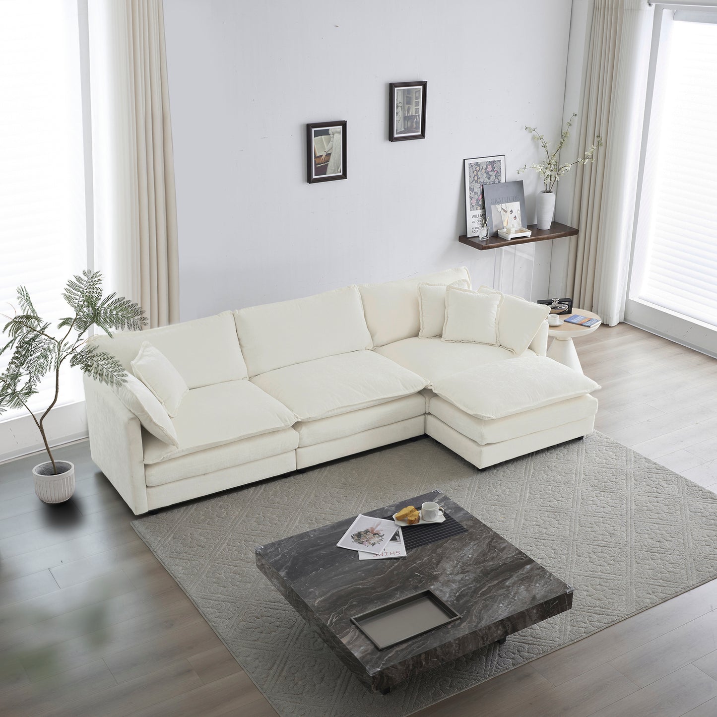 Free Combination Comfy Upholstery Modular Oversized L Shaped Sectional Sofa With Reversible Ottoman, White Chenille  W714S00559