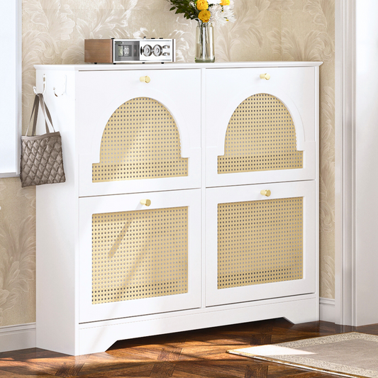 Mid-Century Narrow Design Tipping Bucket Shoe Cabinet with 4 Flip Drawers, Elegant Entryway Shoe Organizer with 4 Rattan Doors, Freestanding Shoe Rack with 2 Silvery Hooks for Hallway, White, 42.1'W N721P288701K