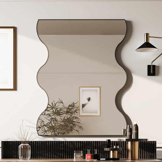 Wall Mirror 30x35 Inch Black Rectangular Mirror with 2 Wavy Sides Metal Framed Mirror Vanity Mirror Dressing Mirror, for Bathroom, Living Room, Bedroom Wall Decor  W1435133318