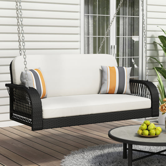 GO PE Wicker Porch Swing, 2-Seater Hanging Bench With Chains, Patio Furniture Swing For Backyard Garden Poolside, Black And Beige  WF320681AAA