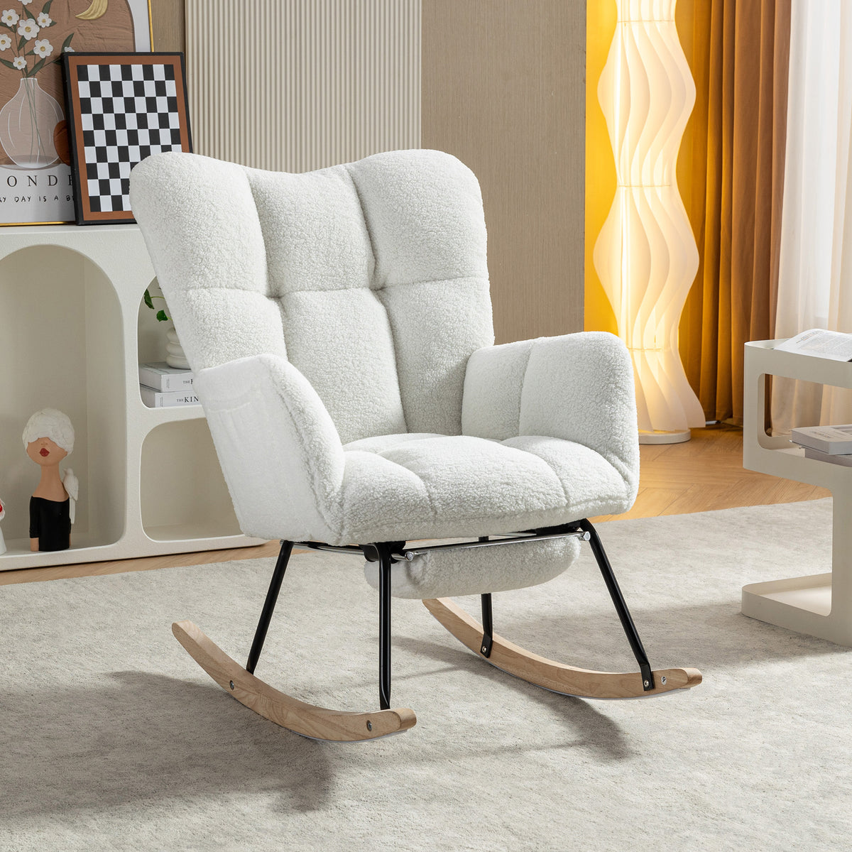 067-Teddy Fabric Leisure Rocking Chair With Adjustable Footstool,Nursery Rocking Chair, High Backrest, Storage Pocket On The Right Side,The Base Rocker Is Solid Wood And Metal,Ivory  W527P420892