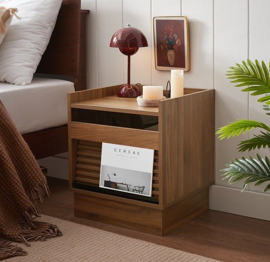 Mid Century Modern Nightstand with Charging Station and LED lights, Night Stand with 2 Drawers, Bedside Tables/End Table for Bedroom or Living Room, Brown N761P255453Z