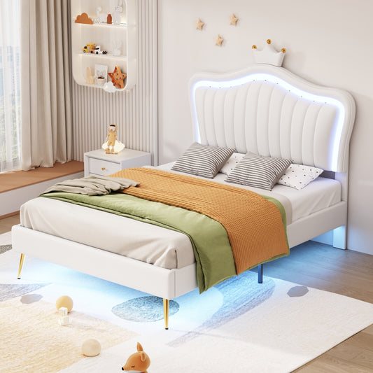 Twin Size Upholstered Bed Frame with LED Lights, Modern Upholstered Princess Bed With Crown Headboard,White  WF315530AAK