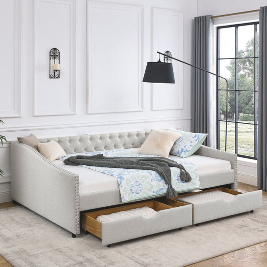 Queen Size Daybed with Drawers Upholstered Tufted Sofa Bed,,with Button on Back and Copper Nail on Waved Shape Arms, Beige (84.5'x63.5'x26.5') W1413S00010