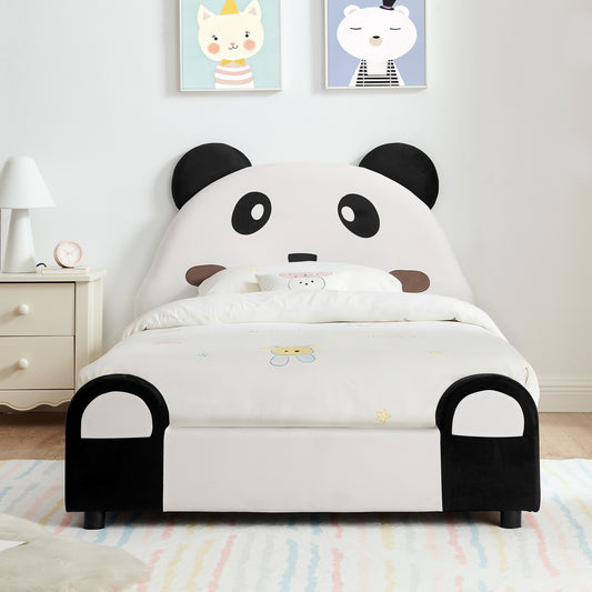 Twin Size Cute Panda-Shaped Kids Bed with Safety Soft Padded Edges, Solid Wood Toddler Bed Frame for Children for Bedroom, Velvet Fabric  W1413P384935
