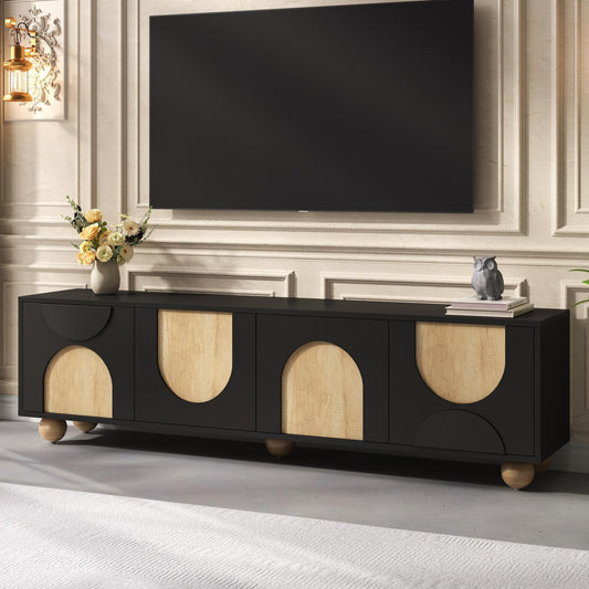 Farmhouse TV Stand with Cable Holes for TVs up to 75', Cream Style Media Console with Rebound Device, Elegant Entertainment Center with 5 Solid Wood Legs for Living Room, Bedroom, Black, 69.6'W N721P288695B