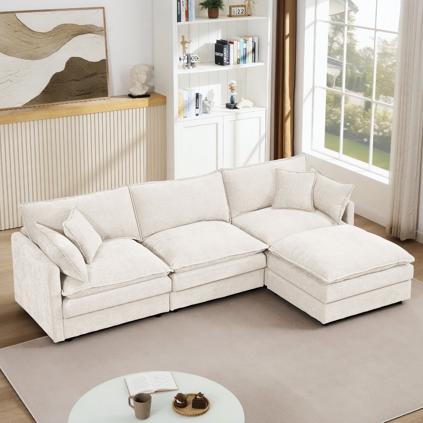 Modular Sectional Sofa, 102 Inch L Shaped Couch Set for Living Room, 3-Seater Comfy Cloud Couches with Movable Ottoman, DIY Combination, Chenille, Beige W1359S00033