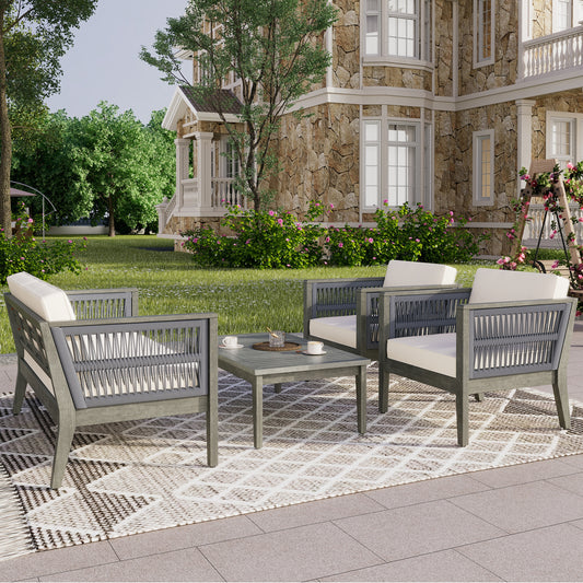 4-Pieces Acacia Wood Patio Furniture Set, Outdoor Furniture with Coffee Table, Patio Conversation Set Deep Seating with Soft Cushion, Porch Chairs for Garden, Backyard Porch Balcony, Grey & Beige  N780P171148F