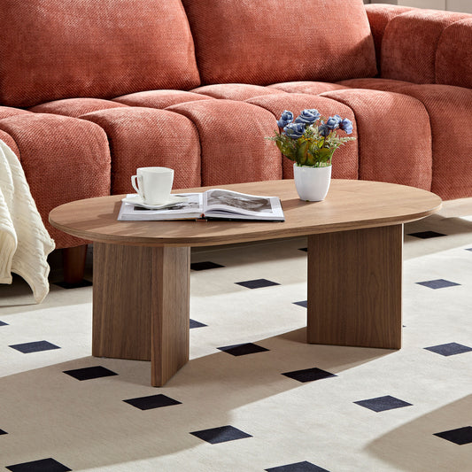 Length 39.37 Inch Modern Coffee Table,MDF Oval Coffee Table for Living Room,Small Coffee Table with Sturdy Pedestal for Apartment,Bedroom,Walnut  W2582P217993
