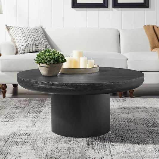 35.98inch Round Coffee Table with Cylindrical Leg,Wood Veneer Tabletop Table,Rounded  Sofa Side Table for living Room Office,Black  W2582S00095