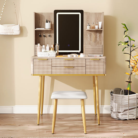 4-Drawer Vanity Desk with LED Mirror & Carved Details, Fluted Makeup Table with Metal Legs and PU Stool, Carved Dressing Table with Jewelry Storage for Bedroom  W2700P369515
