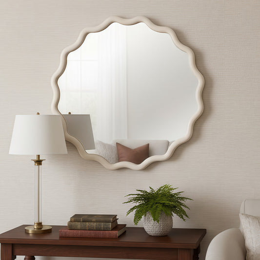 White 36 inch Wavy Round Solid Wood Frame Decorative Mirror,For Bedroom, Bathroom, Living Room, Entryway W2203P389085