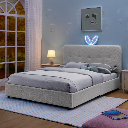 Full Size Kids Upholstered Bed with Oversized Rabbit Ear Headboard, LED Light & 4 Storage Drawers, Boucle Fabric (79.5''X55.75''X41'')  W1413P384924