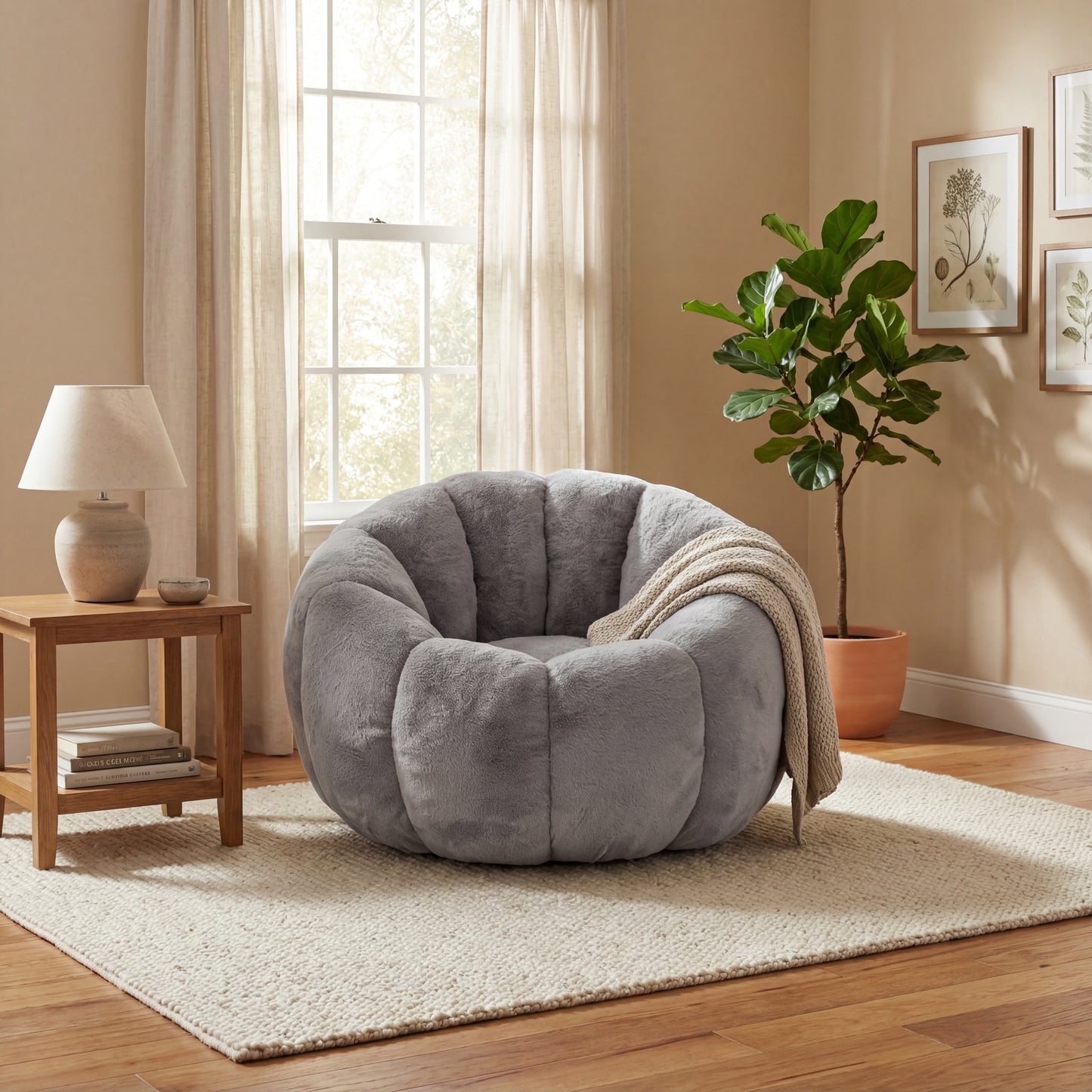 Adult Bean Bag Chair, Floral-Shaped Bean Bag Sofa, Ultra-Soft Faux Fur Sofa, Large Reading Chair for Living Room or Bedroom, Gray, Single-Seater  W2012P399197