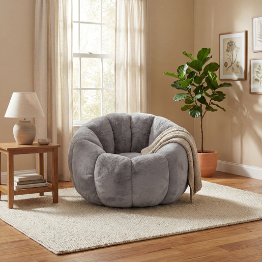Adult Bean Bag Chair, Floral-Shaped Bean Bag Sofa, Ultra-Soft Faux Fur Sofa, Large Reading Chair for Living Room or Bedroom, Gray, Single-Seater  W2012P399197