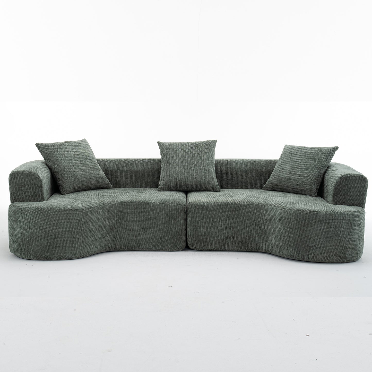 Modern Style Green Curved Sofa, Soft Corduroy Sofa with 3 Pillows, Living Room Milky White Ultra Smooth Curved Fabric Sofa W2012S00006