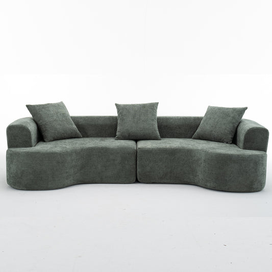 Modern Style Green Curved Sofa, Soft Corduroy Sofa with 3 Pillows, Living Room Milky White Ultra Smooth Curved Fabric Sofa W2012S00006