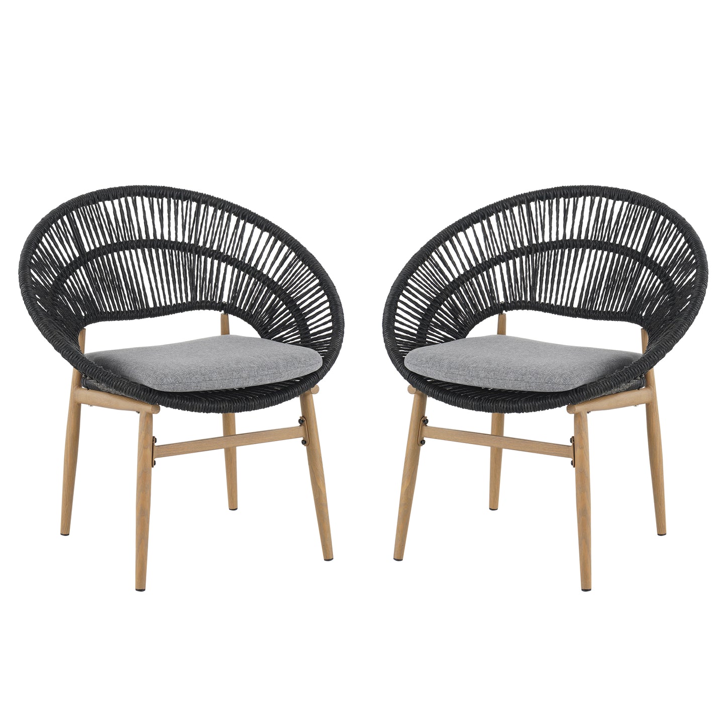Cyril Outdoor Wicker Papasan Style Dining Chair with Teak Finished Leg and Dark Gray Faux Rattan, Gray Cushion, Set of 2  N775P271975G
