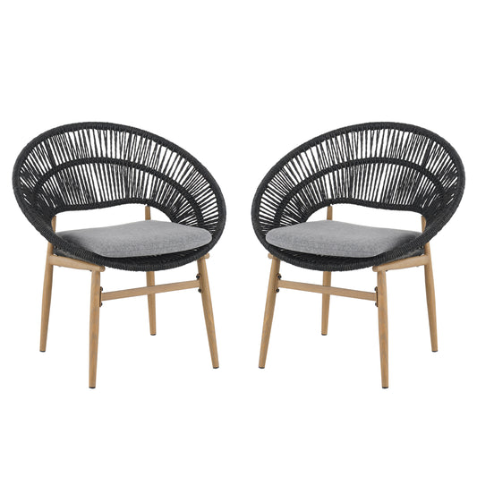 Cyril Outdoor Wicker Papasan Style Dining Chair with Teak Finished Leg and Dark Gray Faux Rattan, Gray Cushion, Set of 2  N775P271975G