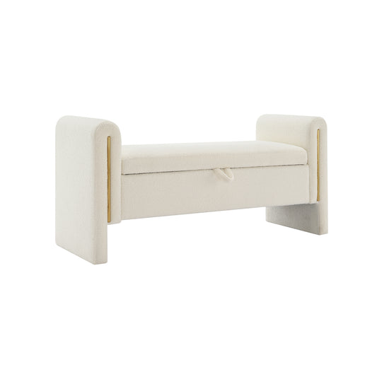 Modern Teddy Bed End Bench with Arms and Storage, Upholstered Large Foot Rest Stool, Cream Plywood, 52.3 x 18.5 x 24.4 inches  W2671P208545